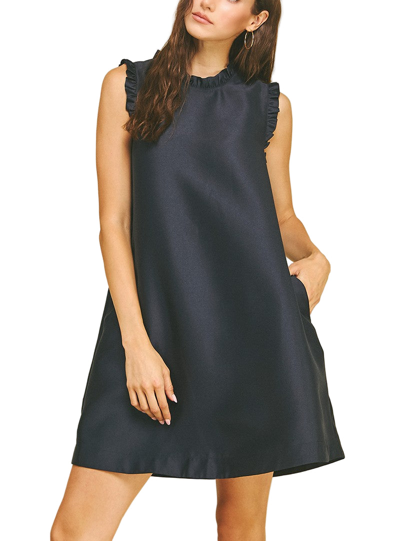 Ruffled Tunic Dress with Back Bow Detail in Navy.