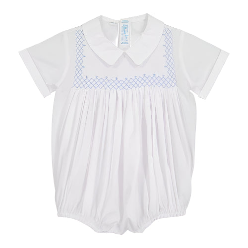 An heirloom quality romper for your baby boy. This beautiful vintage piece is inspired by some of our 1930's styles - that's as vintage as it gets! Features a smocked, embroidered bodice, hand made of course, for the timeless Feltman quality you've come to trust.