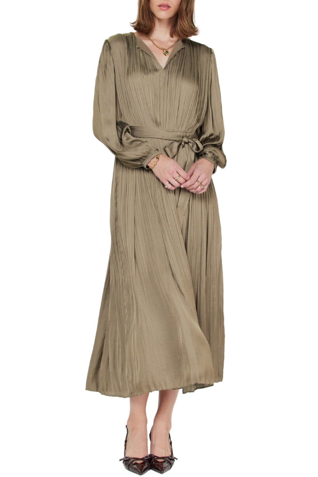 Pleated Long Sleeve Midi Dress
