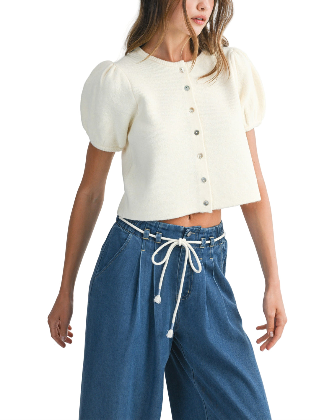 Puff short sleeve crew neck button down knit sweater cardigan. 
