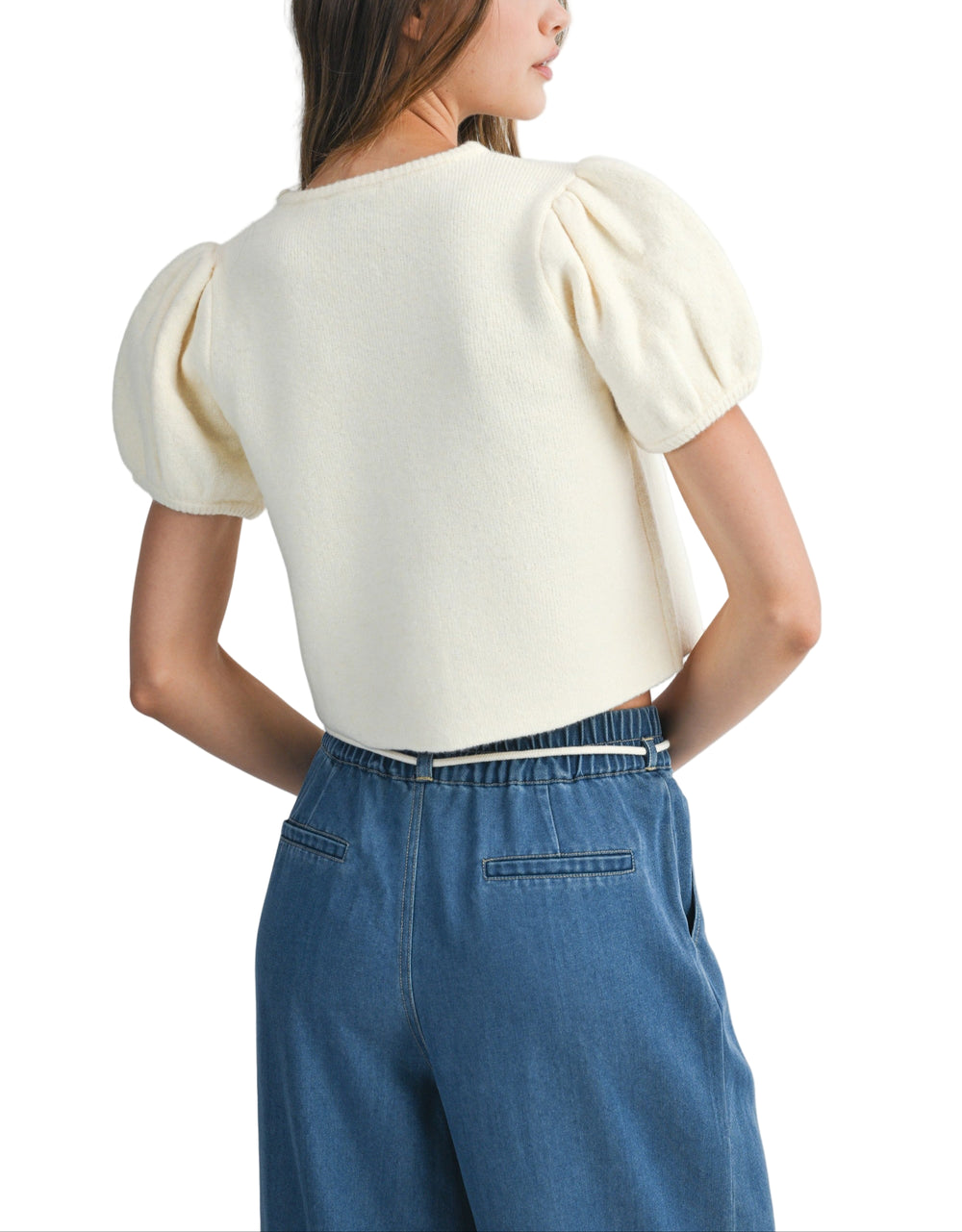Puff short sleeve crew neck button down knit sweater cardigan. 