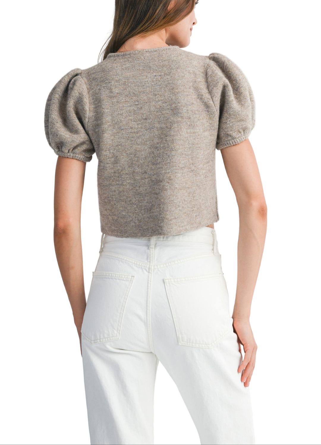 Puff short sleeve crew neck button down knit sweater cardigan. 