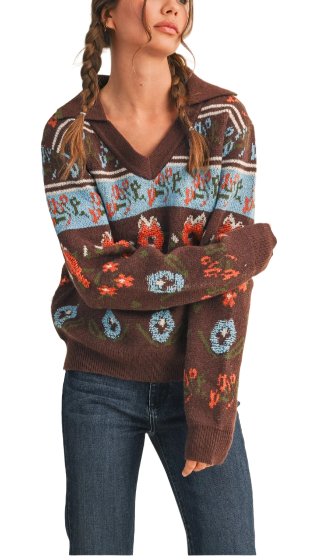 Elevate your cozy style with the Priscilla V Neck Sweater, featuring a charming collar that adds a dash of flair to your everyday look.