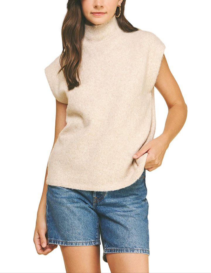 Turtleneck sweater with cap sleeves.
