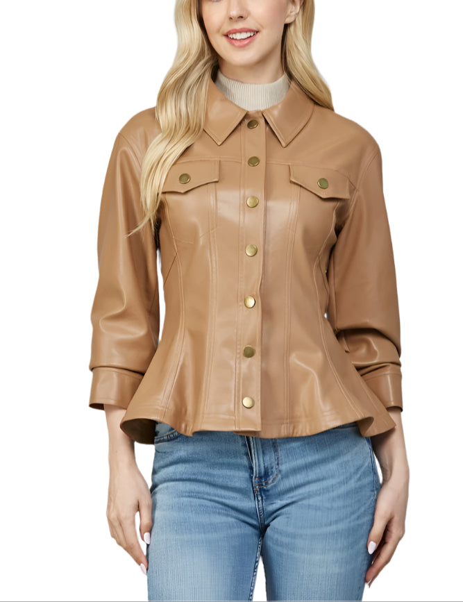 Add a bold twist to your wardrobe with the Trish Faux Leather Jacket. Featuring cinched 3/4 sleeves, this jacket brings a fun, flirty edge to classic faux leather style. Perfect for layering, it’s your go-to for turning heads while staying comfortably chic.