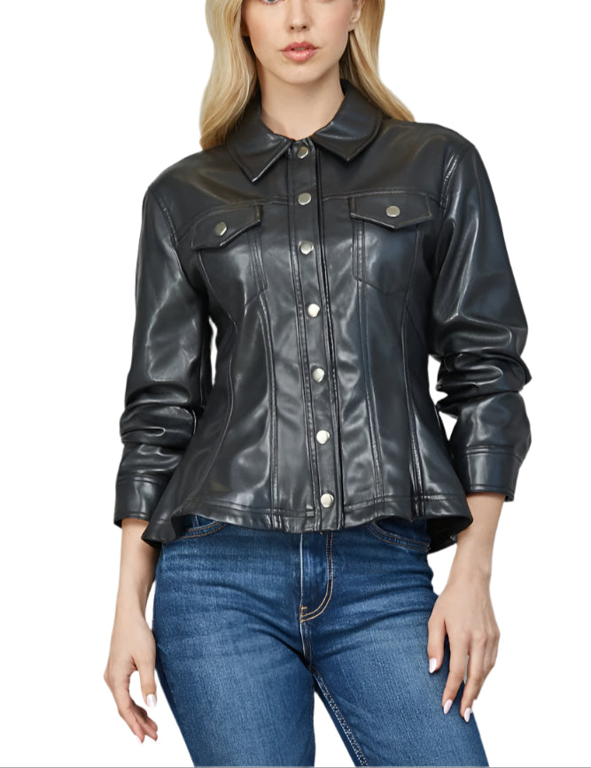 Add a bold twist to your wardrobe with the Trish Faux Leather Jacket. Featuring cinched 3/4 sleeves, this jacket brings a fun, flirty edge to classic faux leather style. Perfect for layering, it’s your go-to for turning heads while staying comfortably chic.