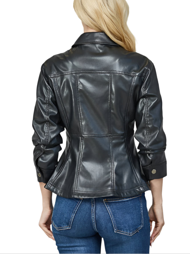 Add a bold twist to your wardrobe with the Trish Faux Leather Jacket. Featuring cinched 3/4 sleeves, this jacket brings a fun, flirty edge to classic faux leather style. Perfect for layering, it’s your go-to for turning heads while staying comfortably chic.