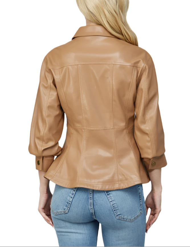 Add a bold twist to your wardrobe with the Trish Faux Leather Jacket. Featuring cinched 3/4 sleeves, this jacket brings a fun, flirty edge to classic faux leather style. Perfect for layering, it’s your go-to for turning heads while staying comfortably chic.