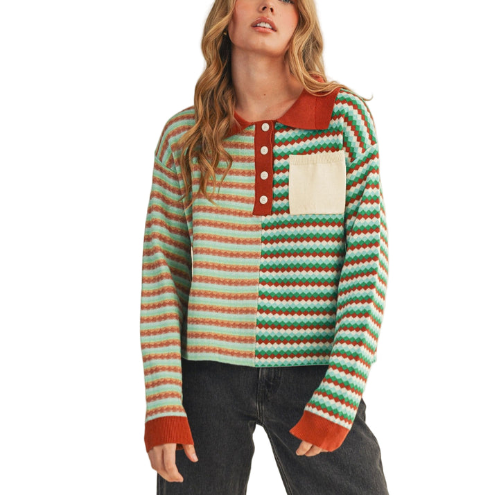 + Multi-color striped knit sweater
+ Collared neckline with button placket
+ Contrast color front patch pocket
+ Mixed multi-color knit design
+ Drop shoulder long sleeves