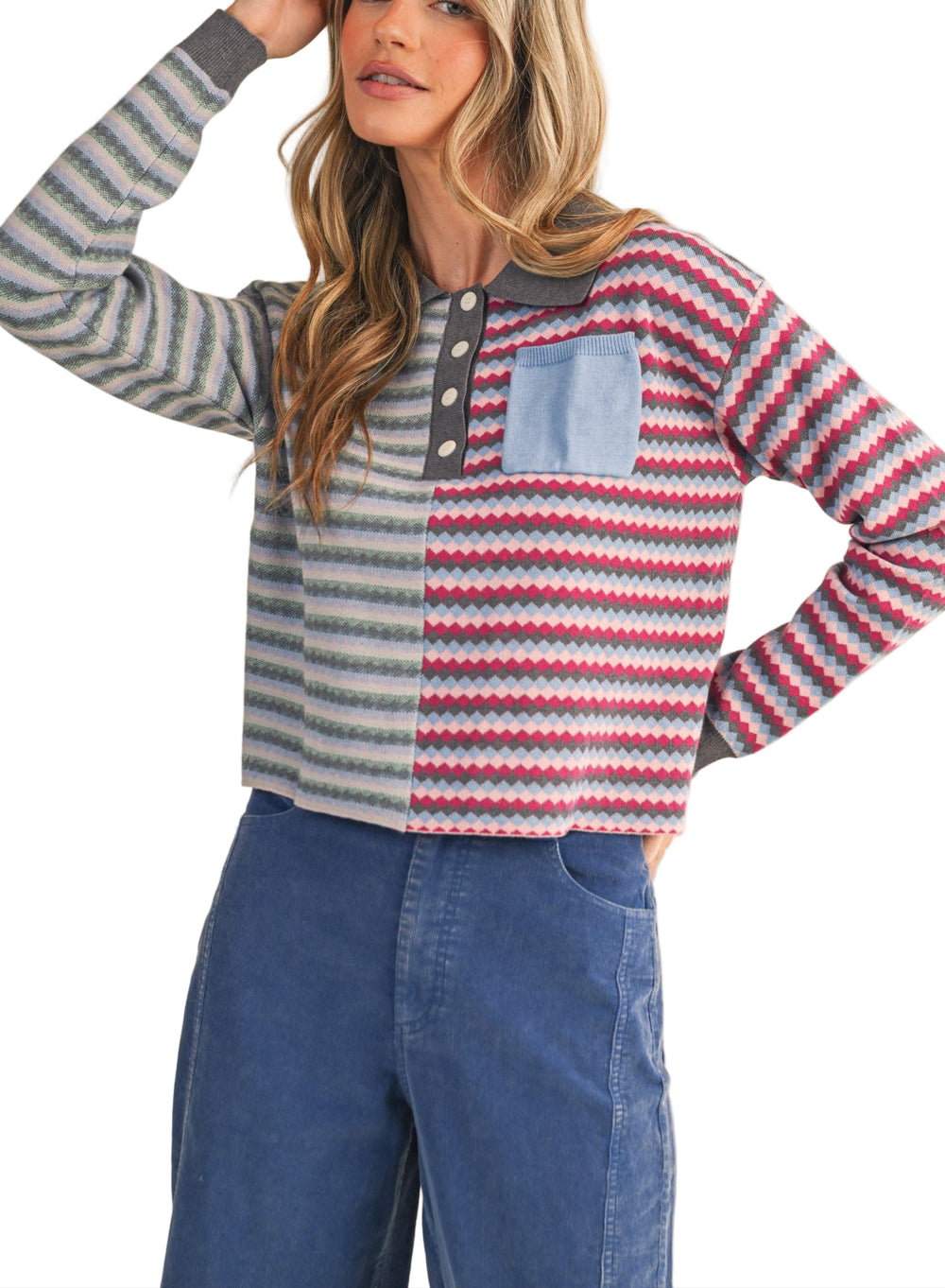 + Multi-color striped knit sweater
+ Collared neckline with button placket
+ Contrast color front patch pocket
+ Mixed multi-color knit design
+ Drop shoulder long sleeves