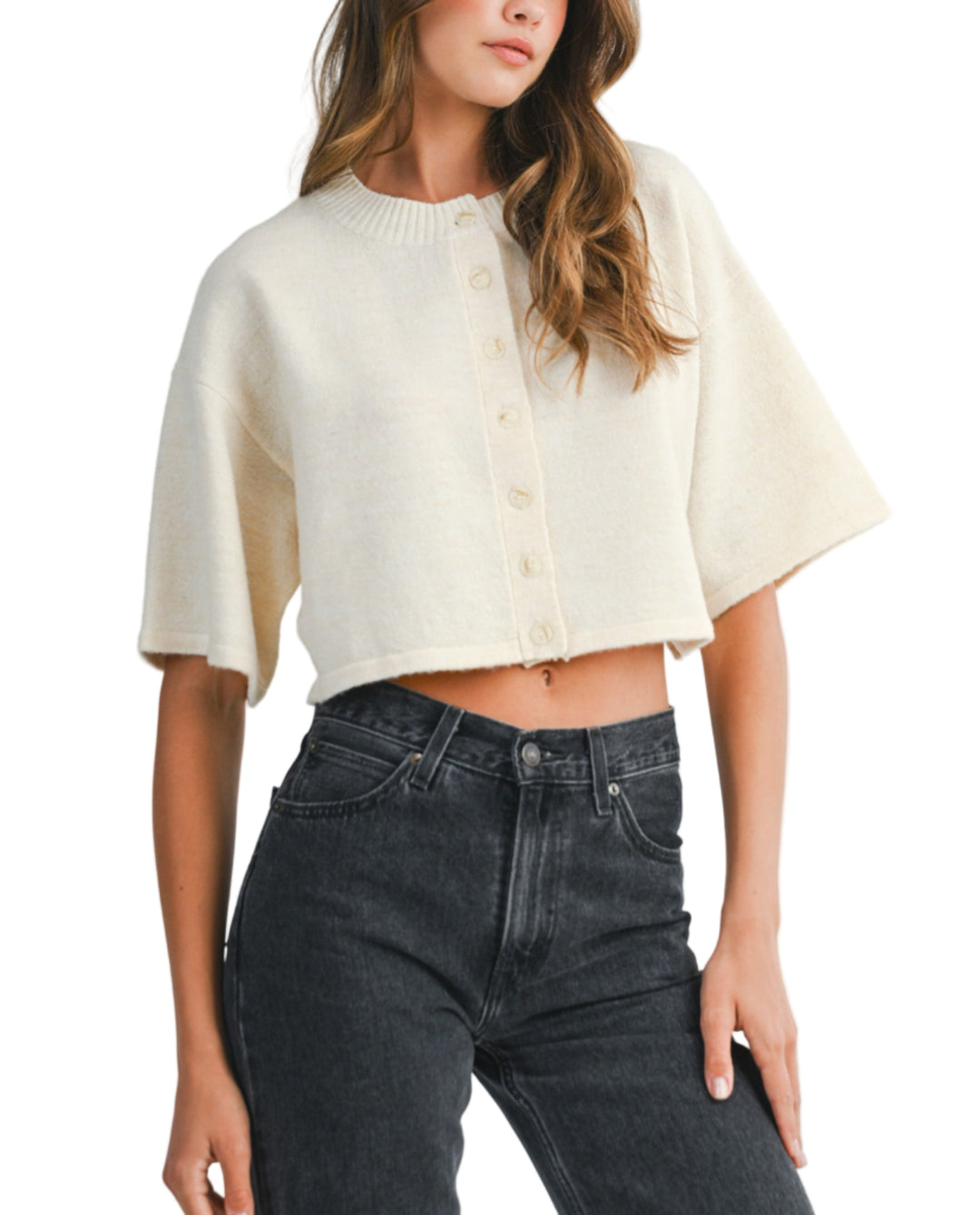 Knit Elbow Sleeve Button Down Crop Cardigan