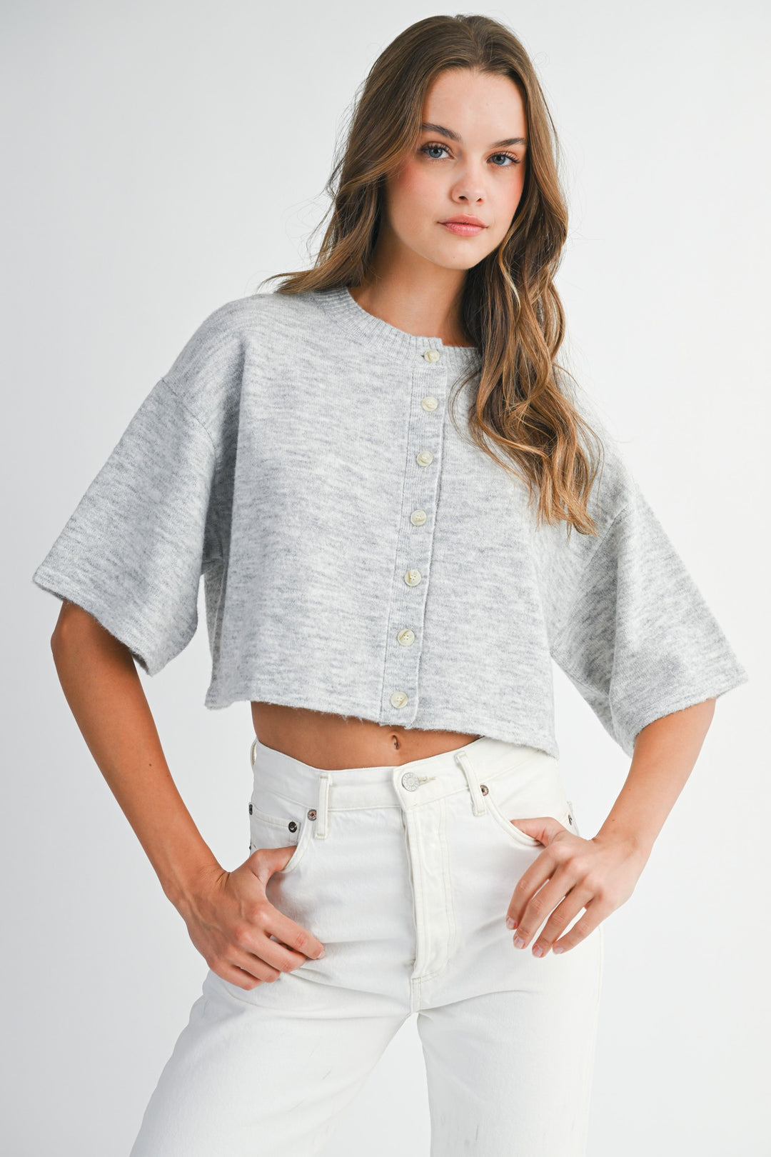 Knit Elbow Sleeve Button Down Crop Cardigan