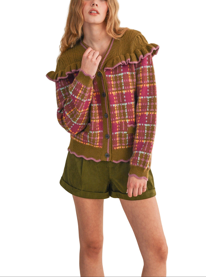 Layer up with the Jamey Cardigan Sweater, where timeless plaid meets playful style. This charming piece features a delicate ruffle yoke that adds a touch of whimsy to your everyday wardrobe. Perfect for cozy afternoons or dressing up your favorite tee, the Jamey brings personality and warmth to any outfit. A versatile staple that's as fun to wear as it is flattering.