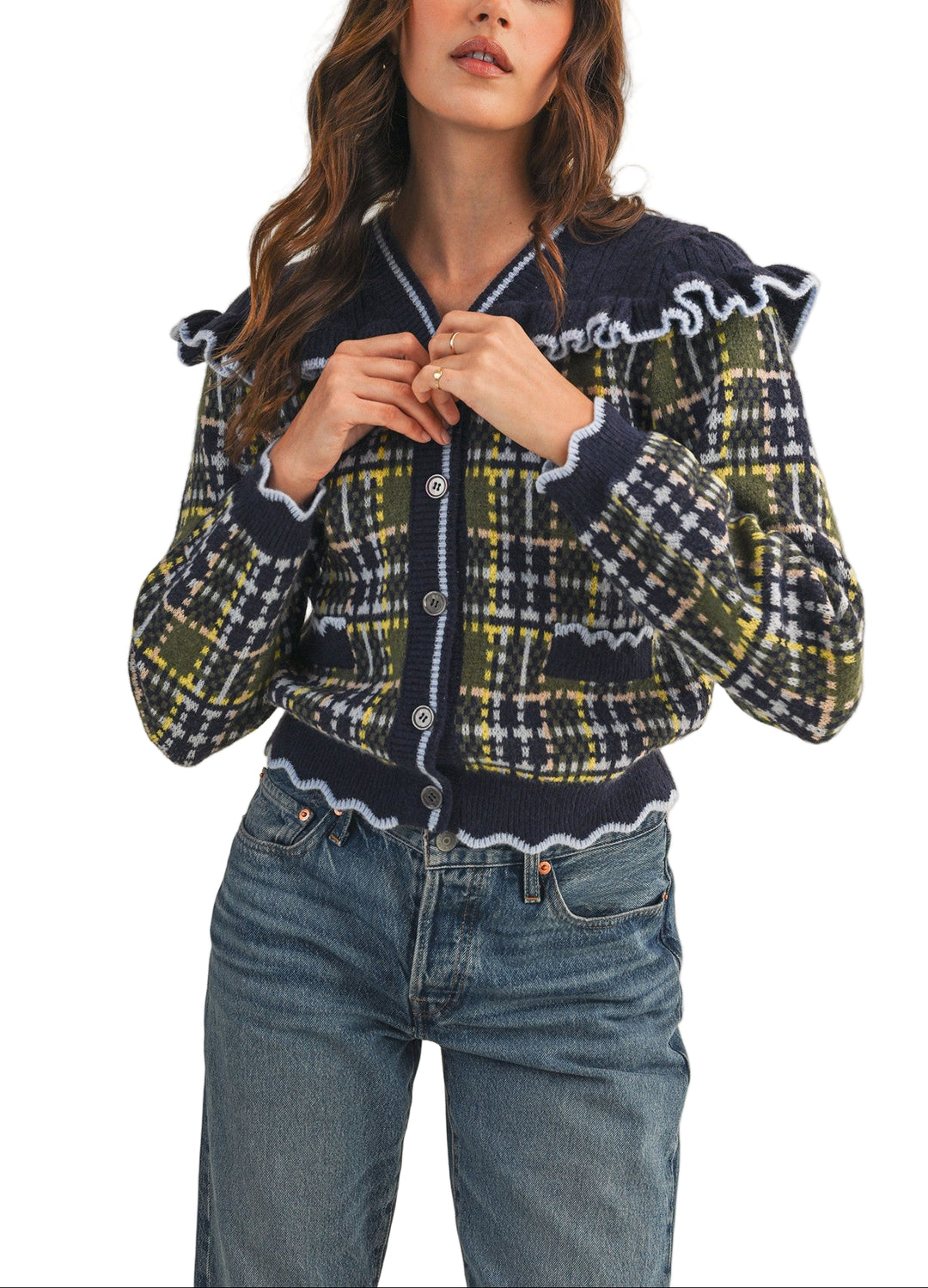 Layer up with the Jamey Cardigan Sweater, where timeless plaid meets playful style. This charming piece features a delicate ruffle yoke that adds a touch of whimsy to your everyday wardrobe. Perfect for cozy afternoons or dressing up your favorite tee, the Jamey brings personality and warmth to any outfit. A versatile staple that's as fun to wear as it is flattering.