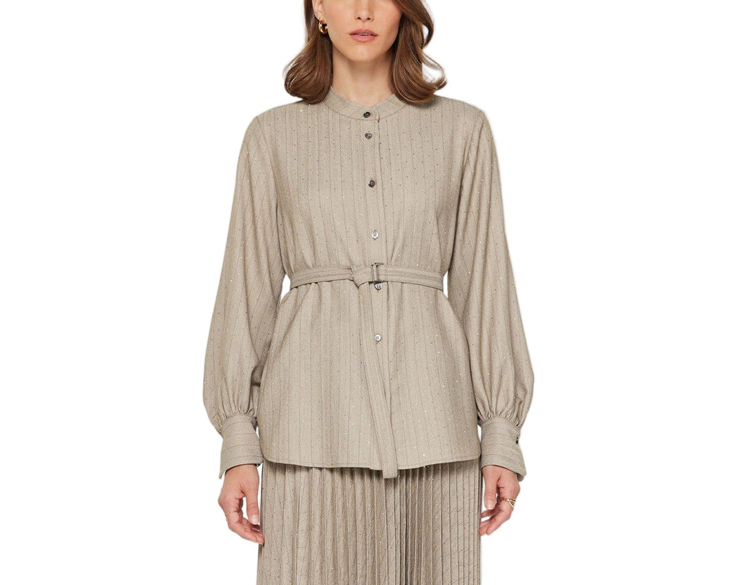Elevate your everyday style with the Laney Pinstriped Belted Top, where classic vertical stripes meet modern sparkle. Delicate rhinestone beading adds just the right amount of shimmer without stealing the show, while the cinched waist creates a flattering silhouette that works for the office or weekend outings. Versatile, chic, and just a touch glamorous—this top is your new go-to piece for looking polished with personality.