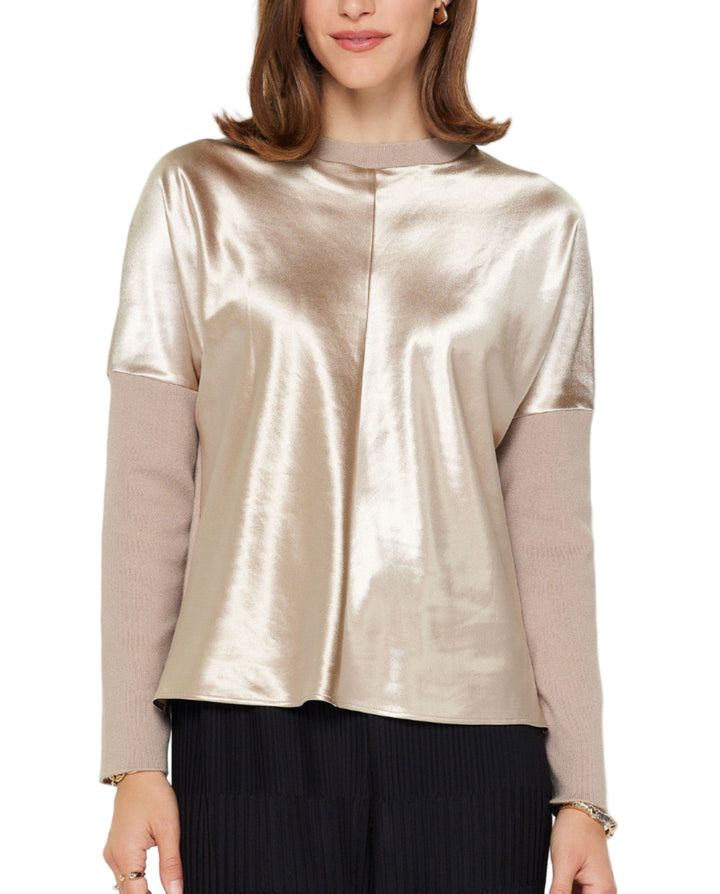 -Mixed-media top with satin front and knit back
