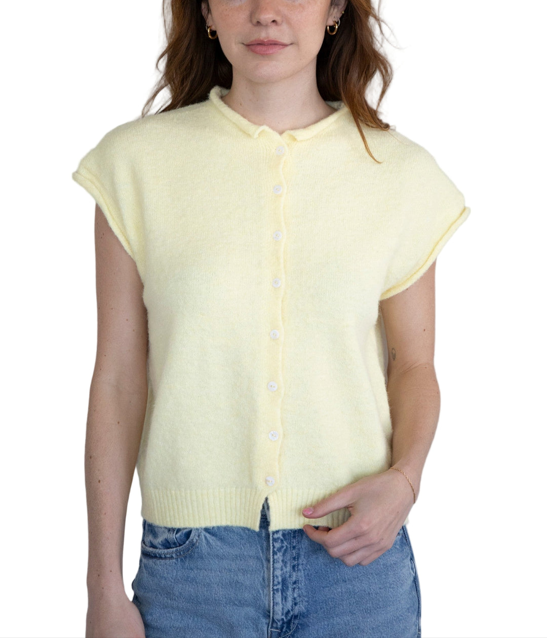 Soft sweater vest cardigan with rolled edge details