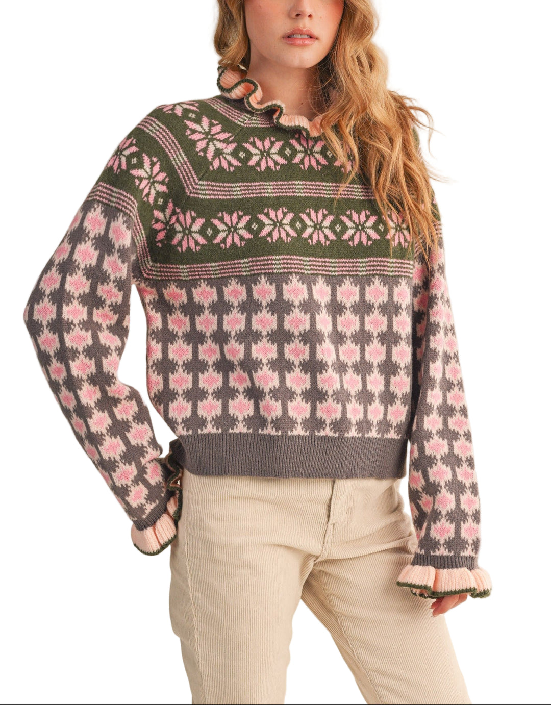 + Ruffled mock neck fair isle sweater
+ Contrast ribbed ruffled mock neckline
+ Raglan seam long sleeves
+ Ribbed ruffled cuffs in contrast knit
+ Ribbed hem