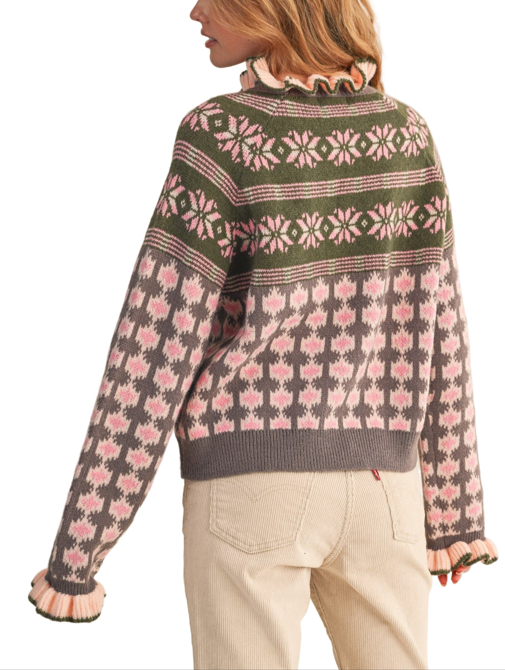 + Ruffled mock neck fair isle sweater
+ Contrast ribbed ruffled mock neckline
+ Raglan seam long sleeves
+ Ribbed ruffled cuffs in contrast knit
+ Ribbed hem