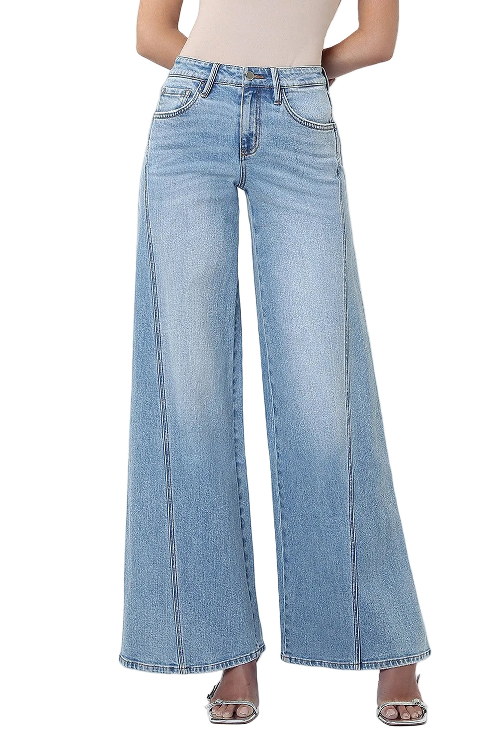 Elevate your denim game with these mid-rise palazzo jeans that strike the perfect balance between comfort and style. The light wash gives them an effortlessly cool, lived-in vibe that pairs with everything from sneakers to heels. The twisted seam detail adds visual interest and a modern edge that sets them apart from basic denim. With a relaxed, wide-leg silhouette, they're ideal for creating laid-back looks that still feel put-together. Whether you're running errands or heading out for the evening, these v