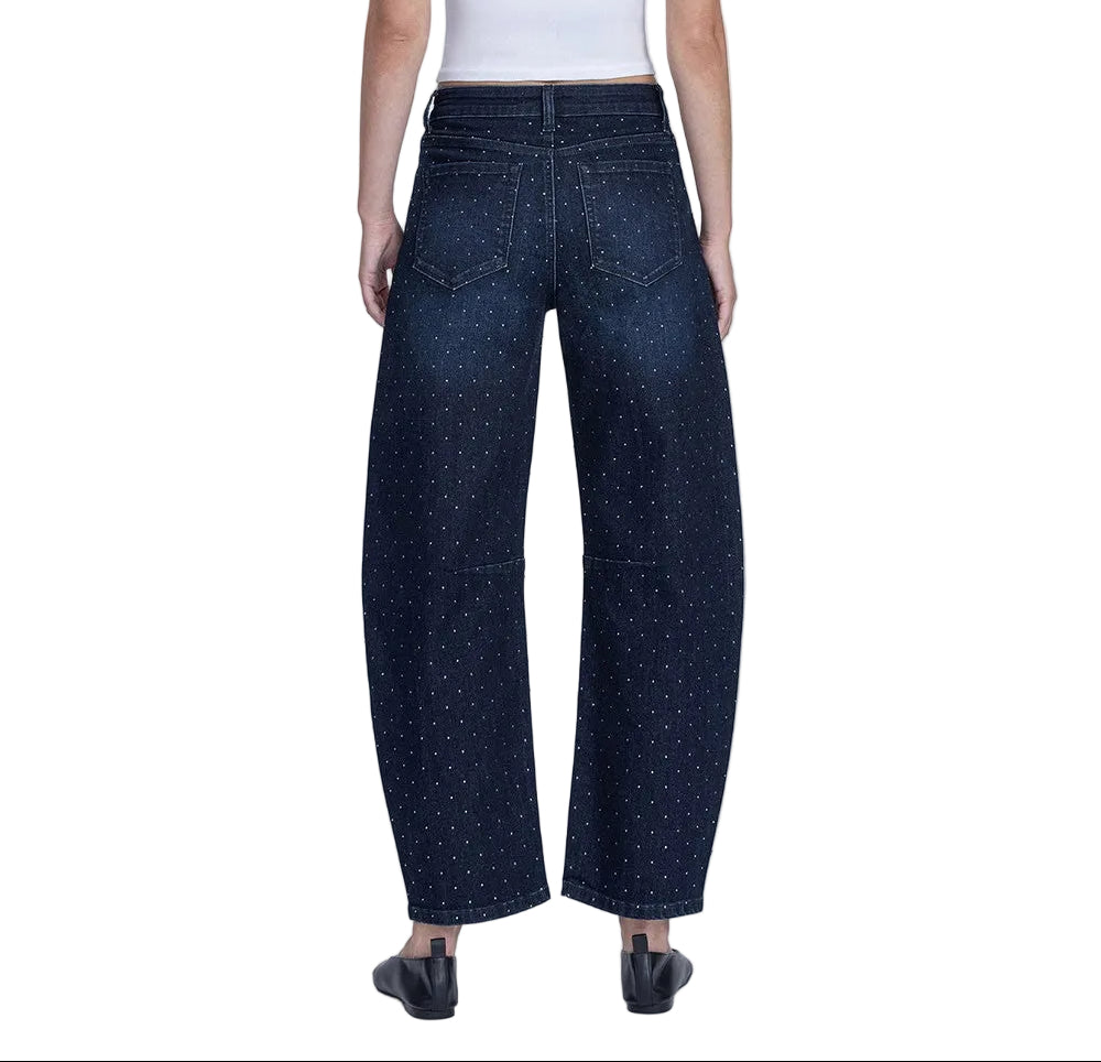 Make a statement in these show-stopping barrel jeans that blend vintage vibes with modern sparkle. The high-rise cut flatters your silhouette while rhinestone embellishments catch the light with every move, transforming an everyday denim staple into a conversation-starting piece. Perfect for nights out or whenever you want to add a touch of glam to your look.