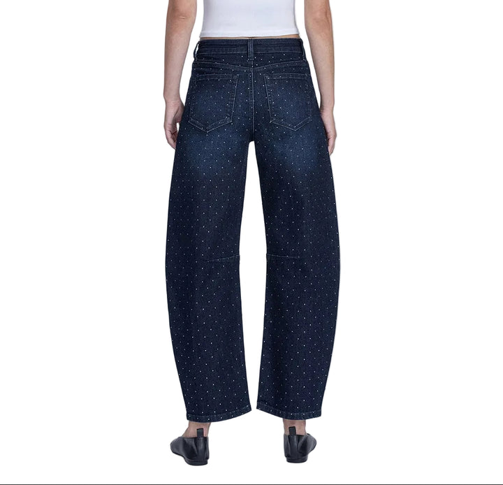 Make a statement in these show-stopping barrel jeans that blend vintage vibes with modern sparkle. The high-rise cut flatters your silhouette while rhinestone embellishments catch the light with every move, transforming an everyday denim staple into a conversation-starting piece. Perfect for nights out or whenever you want to add a touch of glam to your look.