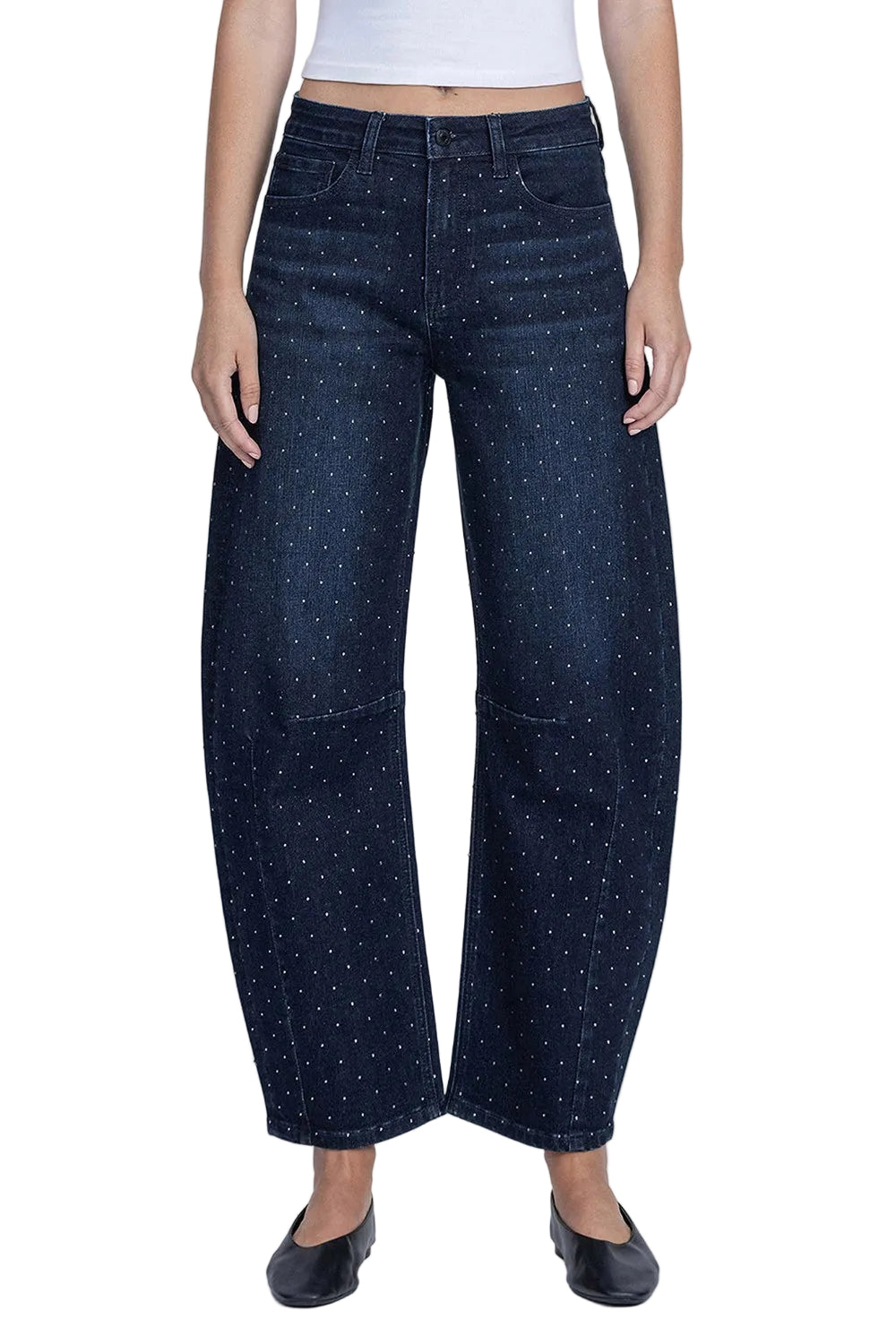 Make a statement in these show-stopping barrel jeans that blend vintage vibes with modern sparkle. The high-rise cut flatters your silhouette while rhinestone embellishments catch the light with every move, transforming an everyday denim staple into a conversation-starting piece. Perfect for nights out or whenever you want to add a touch of glam to your look.