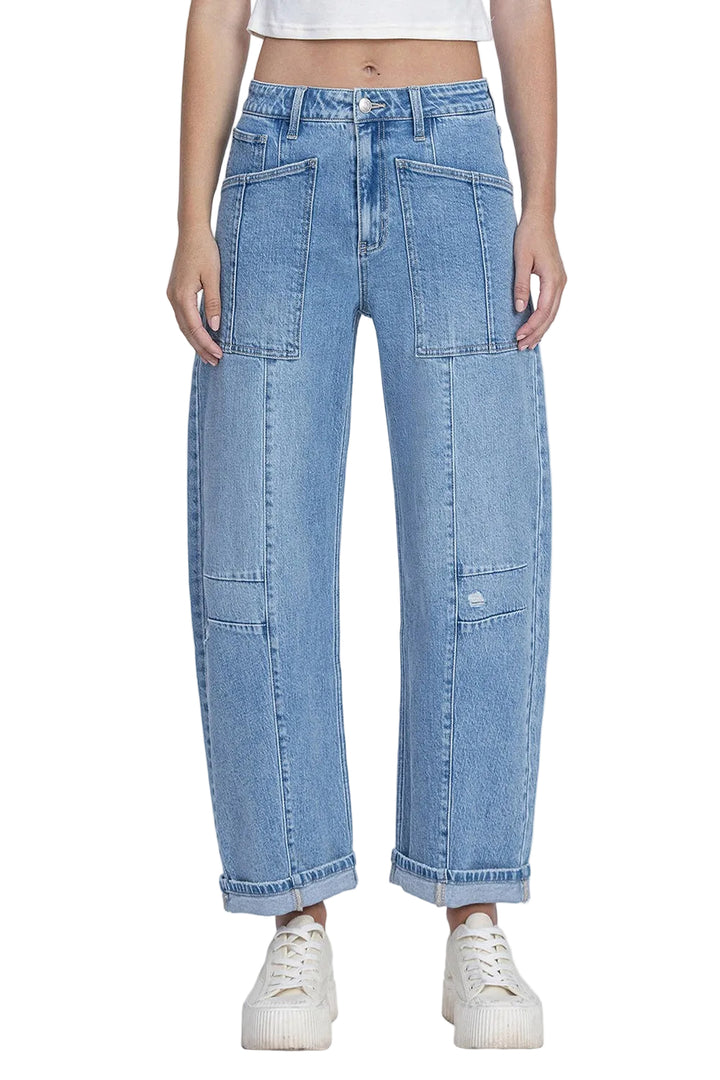 These super high-rise barrel jeans are your new denim obsession. With a relaxed, straight-leg silhouette and those coveted patch pockets, they're equal parts comfort and cool. The high-rise waist hits just right, flattering your figure while giving major '90s vibes. Perfect for dressing up or down, these jeans are the versatile staple every wardrobe needs. Slip them on and feel the difference quality denim makes.