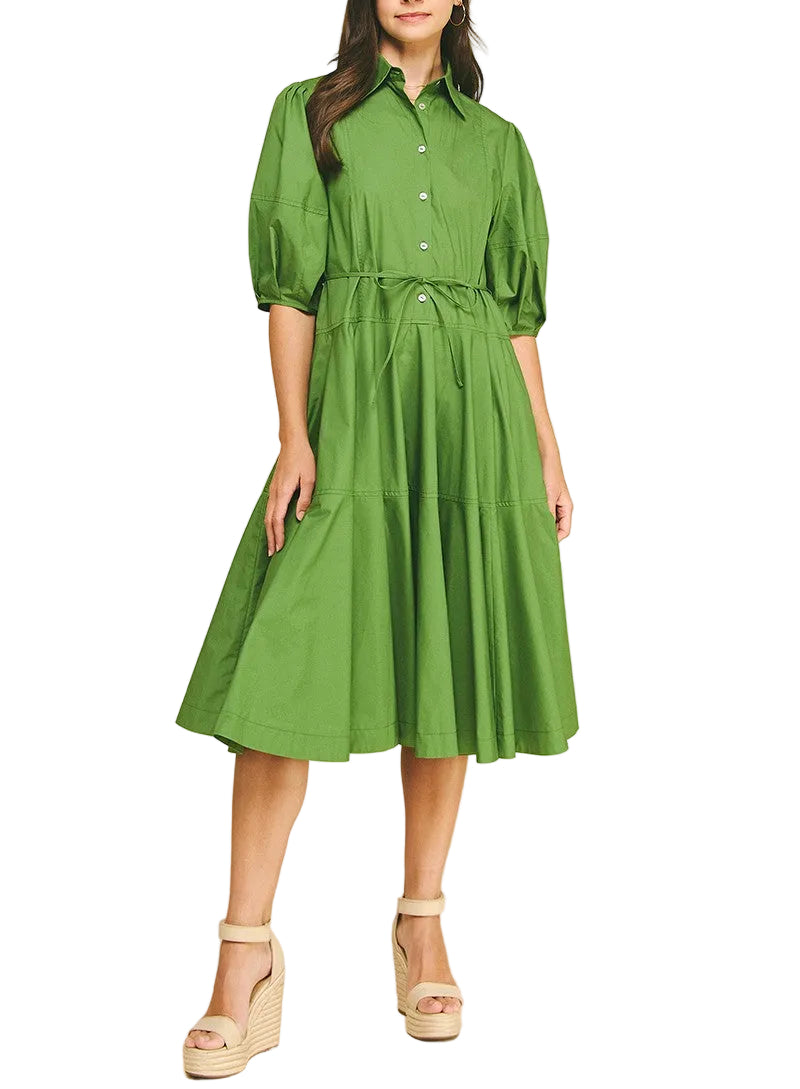 Grace Button Down Tiered Midi Dress - Pickering Boxwood