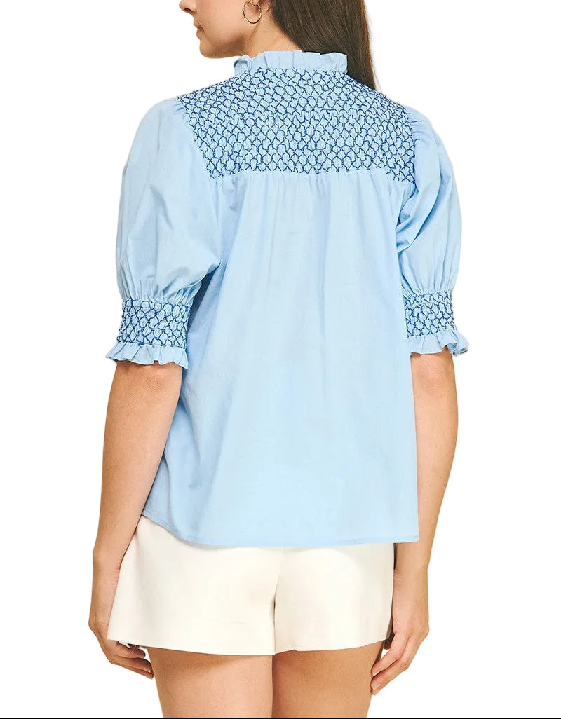 Elevate your everyday style with the Jayden Embroidered Top—a charming button-down that blends classic sophistication with whimsical flair. Featuring intricate embroidered details that catch the light just right, this versatile piece transitions seamlessly from casual weekends to polished workdays. The crisp fabric and tailored fit ensure you'll feel confident and comfortable, whether you're dressing it up with tailored trousers or keeping it relaxed with your favorite jeans. 