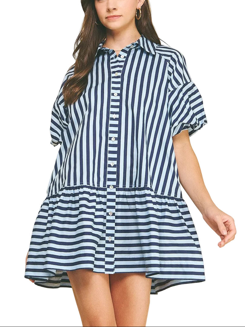 Stripes never go out of style—especially when they're paired with a classic button-down silhouette that's anything but boring. The Coco Stripe Button Down Mini Dress brings effortless charm to your everyday rotation, featuring crisp striped detailing and functional buttons down the front for easy styling versatility. Perfect for dressing up with heels or keeping it casual with sneakers, this mini dress transitions seamlessly from brunch to evening plans. A wardrobe essential that proves timeless patterns ar