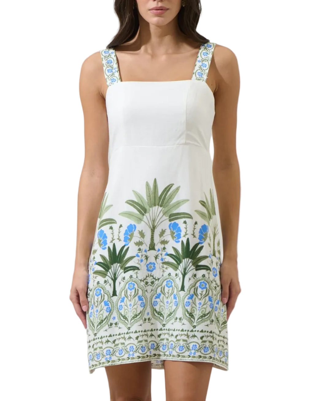 Comfort and charm in one piece. It features a border with blue and green tropical floral print and palm trees. The mini dress has thick straps, back smocked bodice, and back zipper. Wear it with woven heels or wedges.
