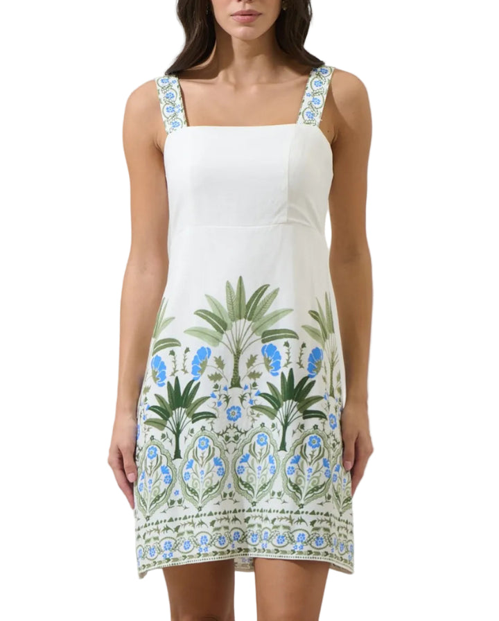 Comfort and charm in one piece. It features a border with blue and green tropical floral print and palm trees. The mini dress has thick straps, back smocked bodice, and back zipper. Wear it with woven heels or wedges.
