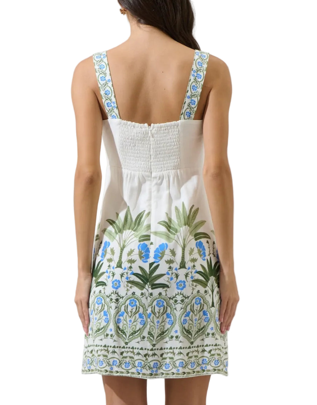 Comfort and charm in one piece. It features a border with blue and green tropical floral print and palm trees. The mini dress has thick straps, back smocked bodice, and back zipper. Wear it with woven heels or wedges.
