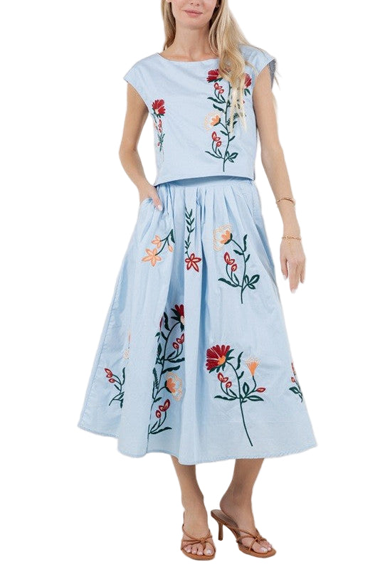 Maeve Embroidered Midi Skirt Set - Pickering Boxwood