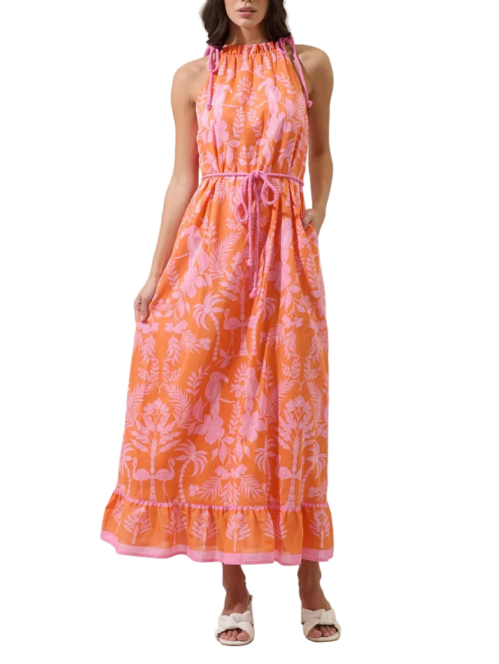 Feel like the charm that you are in the Kimana Floral Kay Halter Neck Maxi Dress. A green floral tropical print creates a sleeveless look with a ruffle halter neck tassel and another one around the waist belt. It has a maxi border with a cute design. Easy to pair with white earring and strappy heels.