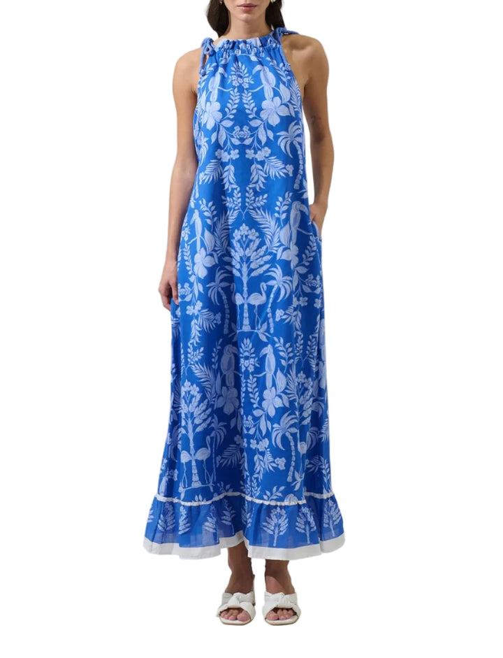 Feel like the charm that you are in the Kimana Floral Kay Halter Neck Maxi Dress. A green floral tropical print creates a sleeveless look with a ruffle halter neck tassel and another one around the waist belt. It has a maxi border with a cute design. Easy to pair with white earring and strappy heels.