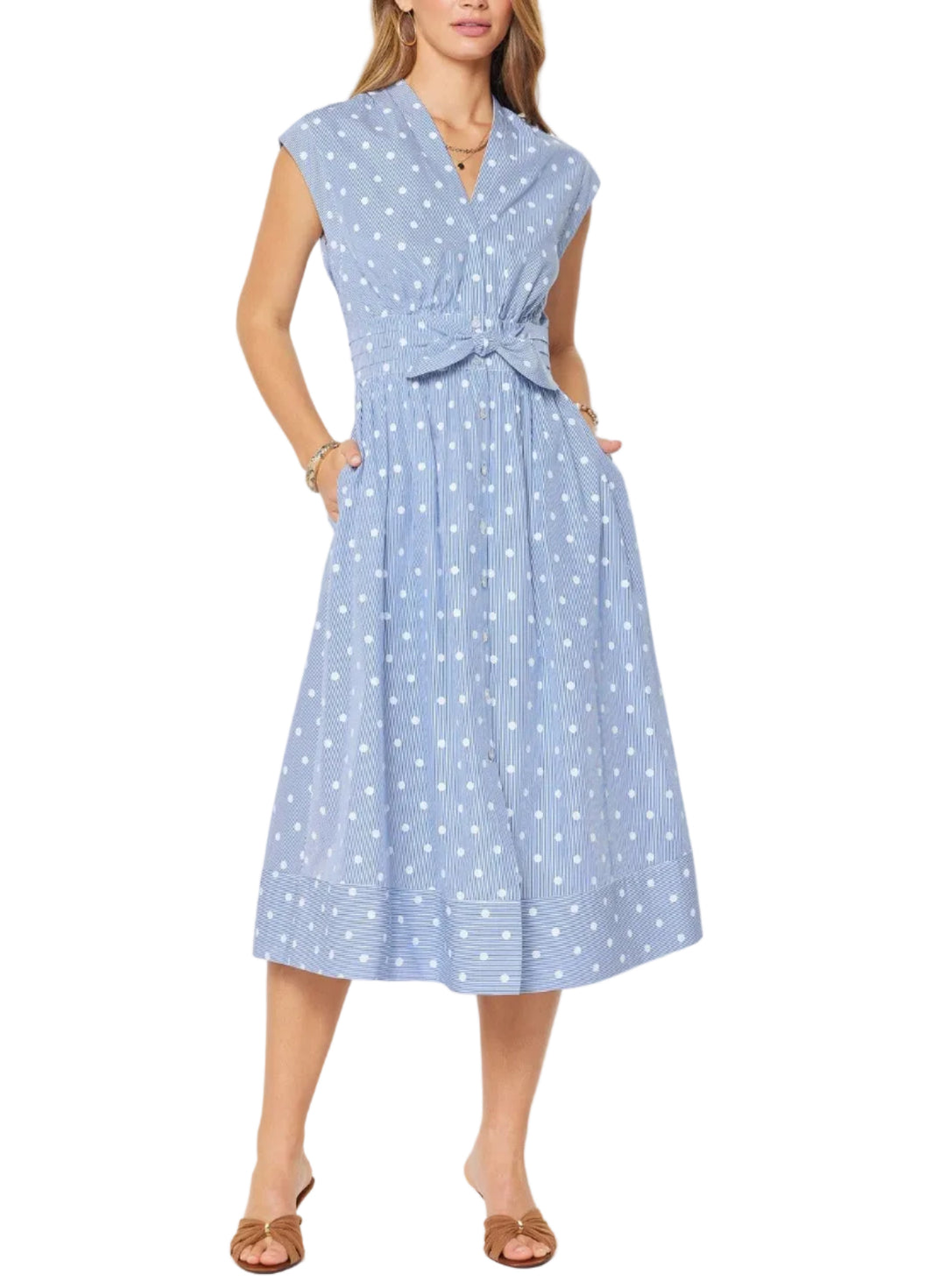Striped Polka Dot Button Down Midi Dress - Pickering Boxwood