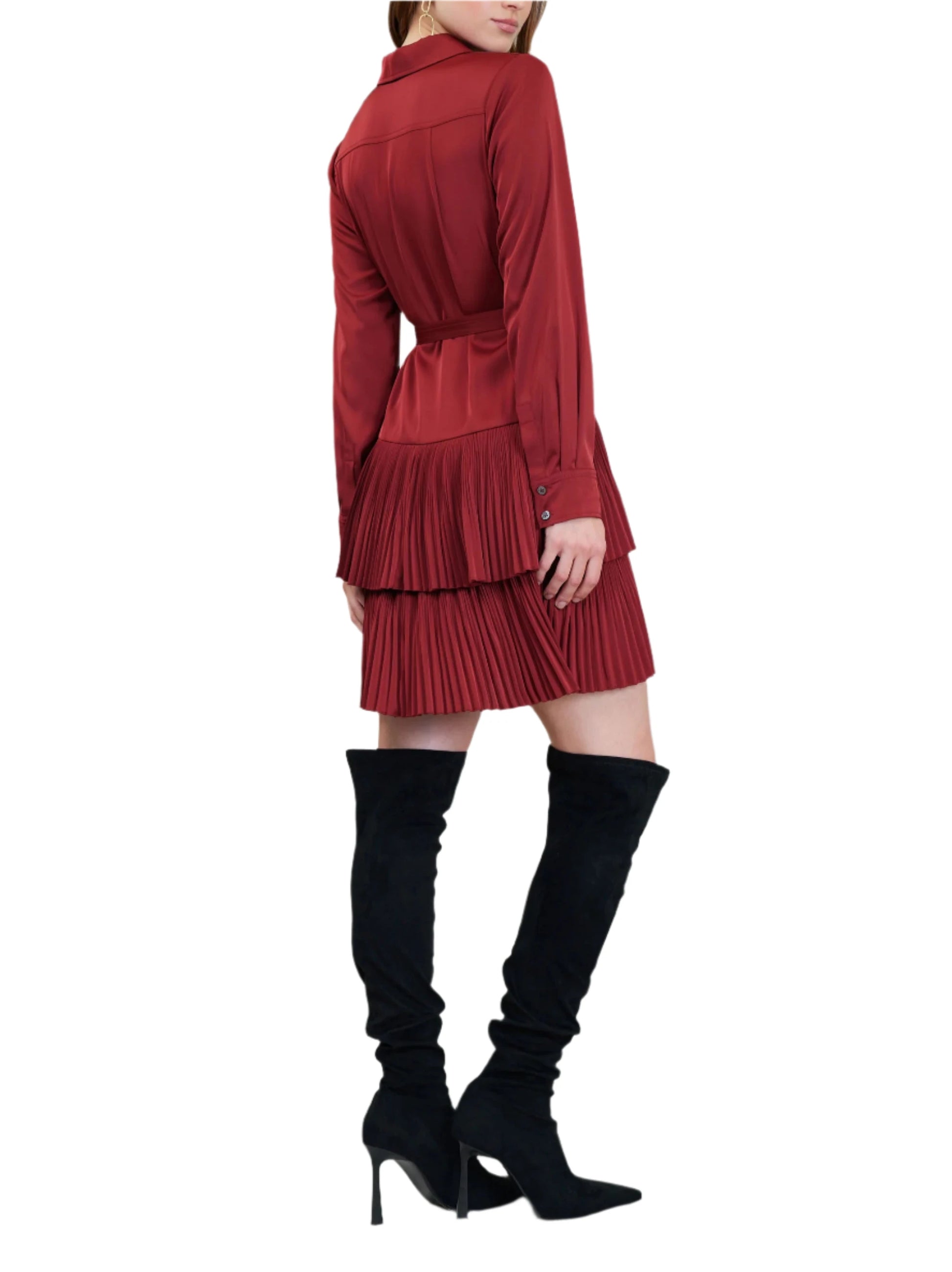 Can't go wrong with this ruby red, this high-neck shirt dress demands a closer look. Precise pleats create texture and structure at the tiers of the skirt.