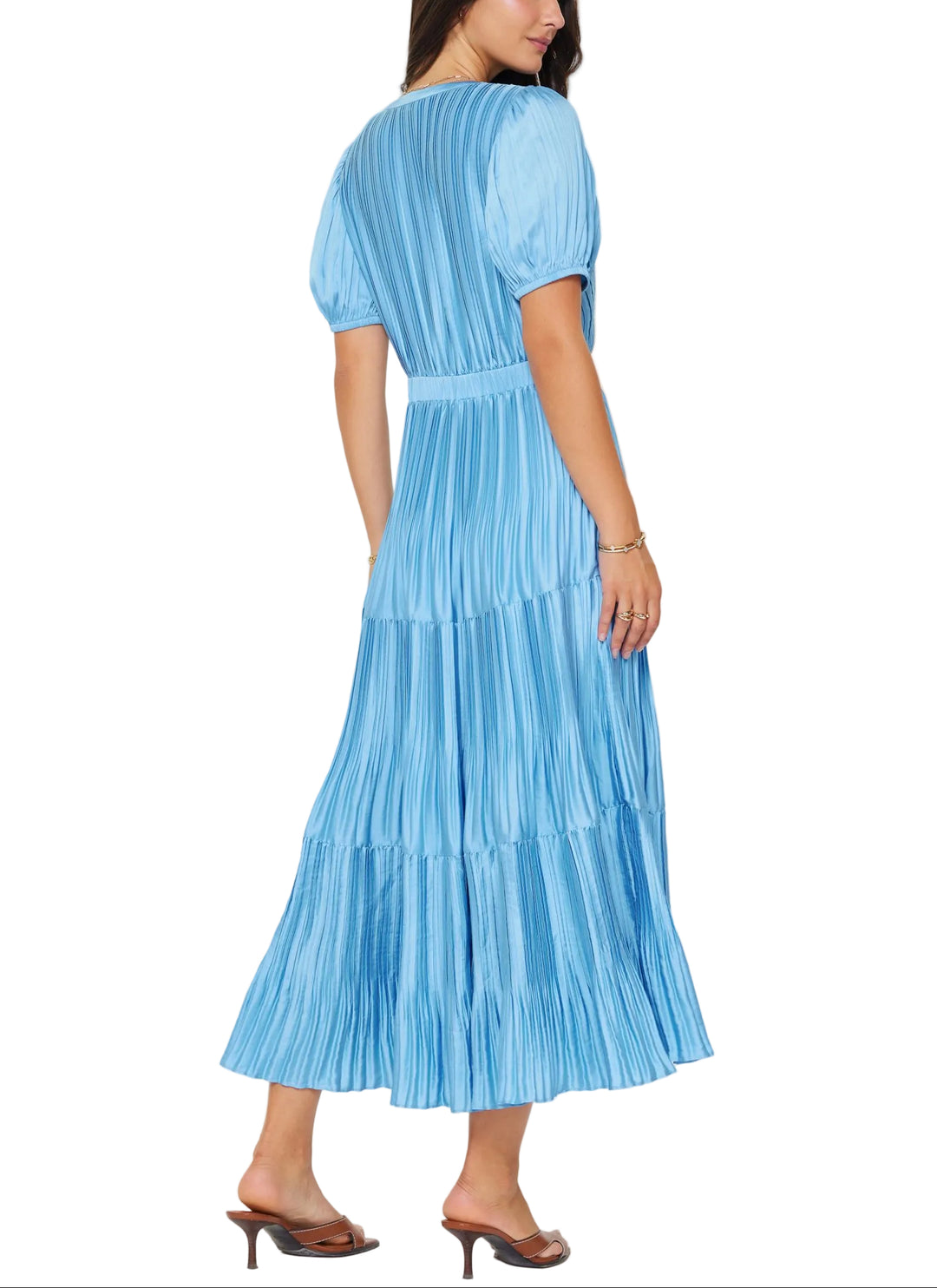 Pleated maxi dress
Round split neckline with hook&amp;eye closure
Short puff sleeves with elastic cuffs
Tiered maxi length skirt design
Elasticized waist
Invisible zipper
Gentle cycle wash in cold water
50%RECYCLE POLY, 50%POLY