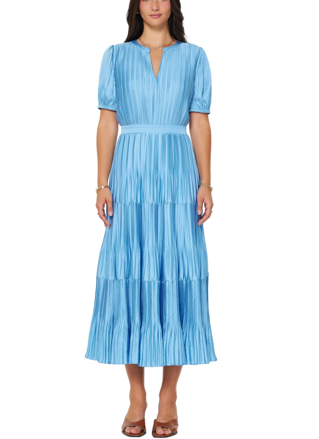 Pleated maxi dress
Round split neckline with hook&eye closure
Short puff sleeves with elastic cuffs
Tiered maxi length skirt design
Elasticized waist
Invisible zipper
Gentle cycle wash in cold water
50%RECYCLE POLY, 50%POLY