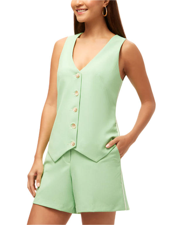 This button-front V-neck vest is polished, sleek, and perfect for transitioning your look from day to night. Pair this tailored sleeveless vest with our matching pants or shorts for a complete look.

V-neckline
Sleeveless
Button front closure
Pointed hem
Adjustable fit at the waist