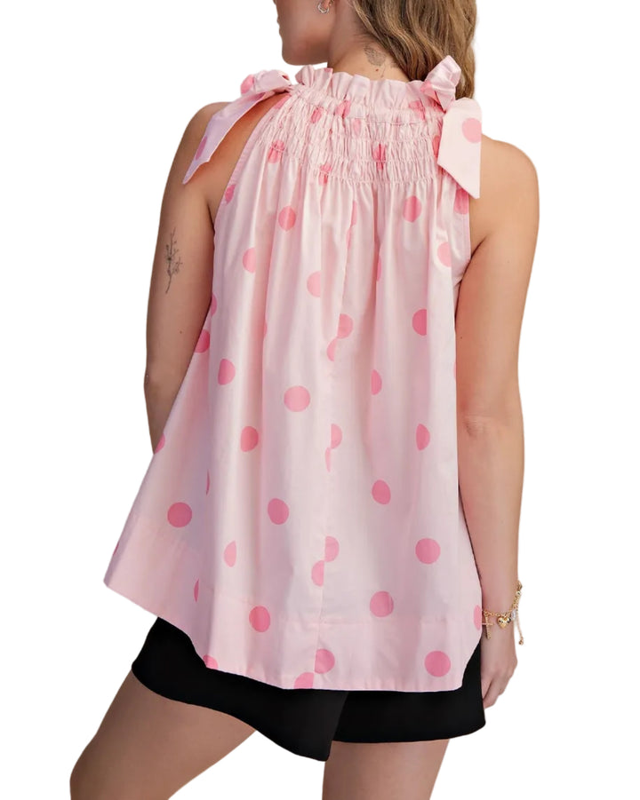 Tie Strap Smocked Polka Dot Top