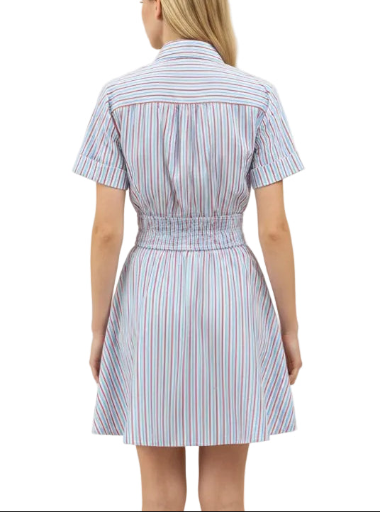 Effortless style meets everyday comfort in this charming striped button-down dress. The classic blue and red stripe pattern adds visual interest while the relaxed short silhouette keeps you cool and casual. Functional buttons down the front allow for easy layering and adjustable styling. Perfect for weekend outings, casual office days, or dressed-up with accessories for a polished look.