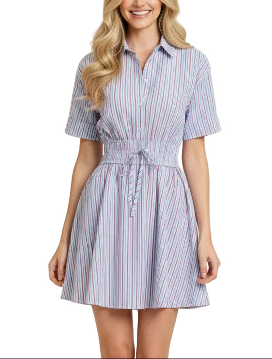 Effortless style meets everyday comfort in this charming striped button-down dress. The classic blue and red stripe pattern adds visual interest while the relaxed short silhouette keeps you cool and casual. Functional buttons down the front allow for easy layering and adjustable styling. Perfect for weekend outings, casual office days, or dressed-up with accessories for a polished look.
