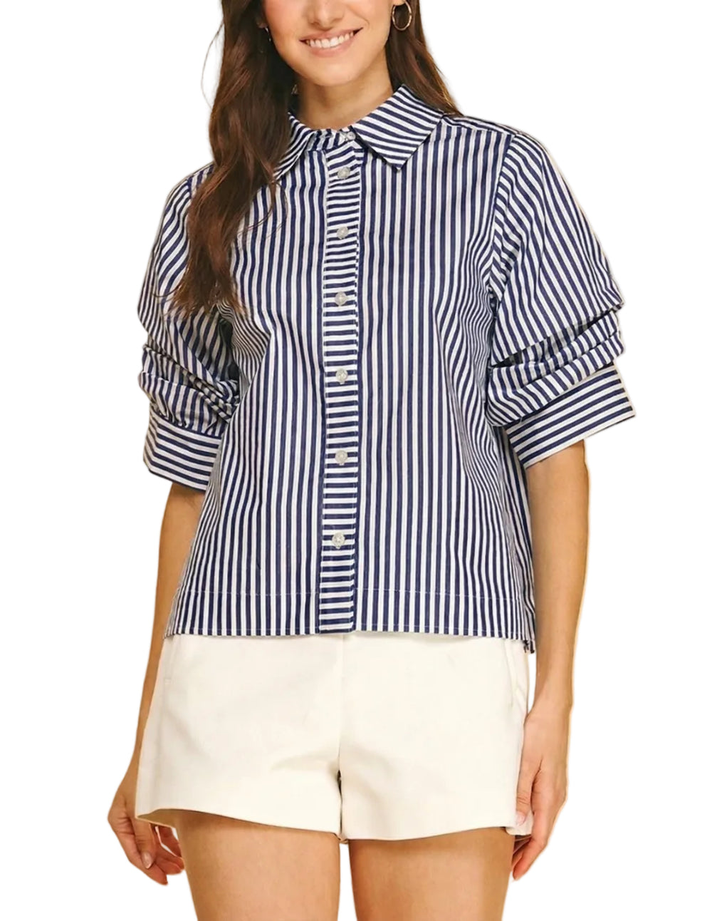 Elevate your everyday wardrobe with this striped button-down shirt, featuring distinctive ruched sleeves that add dimension and visual interest. The classic striped pattern pairs effortlessly with jeans, trousers, or skirts, while the ruched detailing at the sleeves creates a modern, polished silhouette.&nbsp;