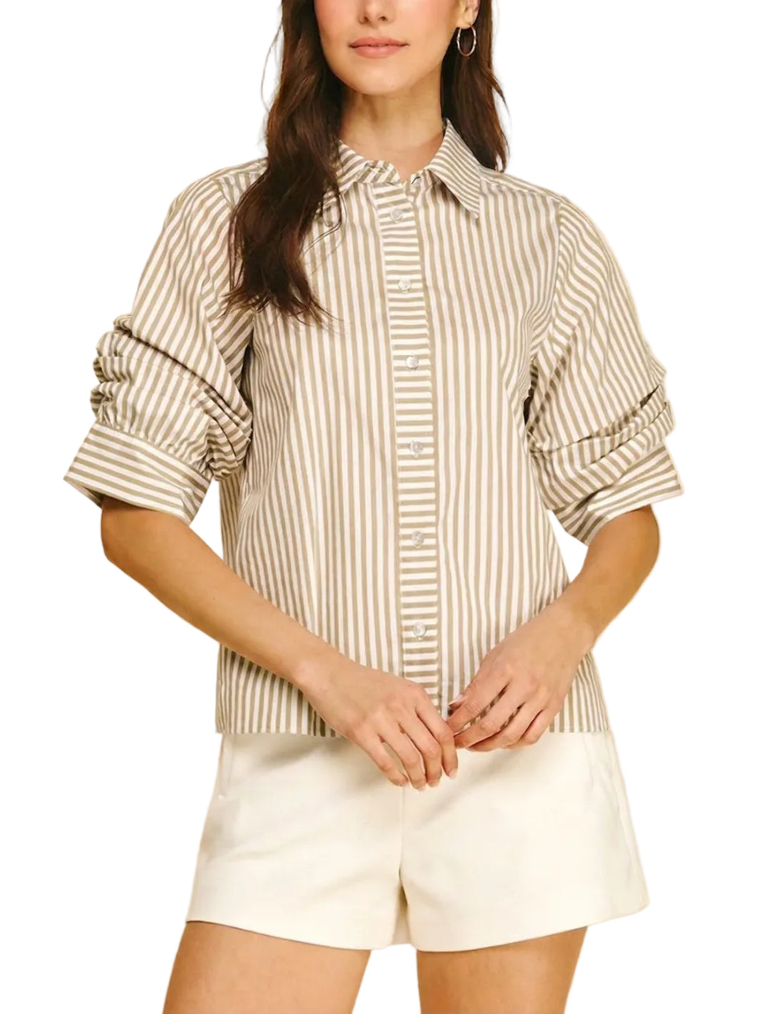 Elevate your everyday wardrobe with this striped button-down shirt, featuring distinctive ruched sleeves that add dimension and visual interest. The classic striped pattern pairs effortlessly with jeans, trousers, or skirts, while the ruched detailing at the sleeves creates a modern, polished silhouette.&nbsp;
