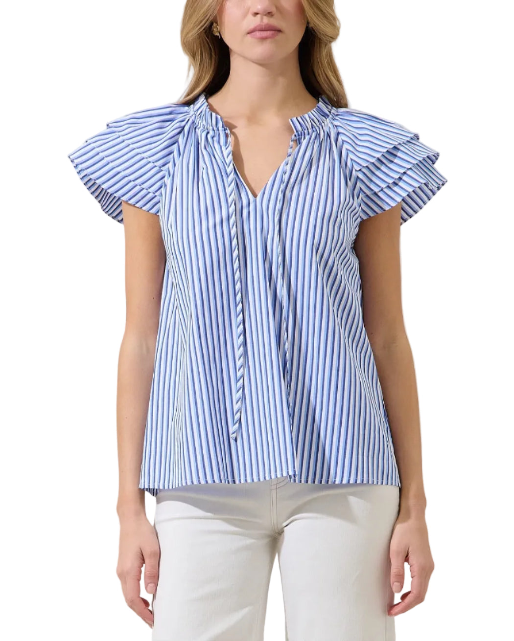 Breezy and beautiful, this cotton top will be your go to for enjoying sunshine filled spring days. It features short layers and a split neck line. It also has a drawstring with ruffles around the neck. Breathable texture and comfortable fit. Pair it with shorts and your favorite sandals!