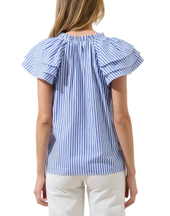 Breezy and beautiful, this cotton top will be your go to for enjoying sunshine filled spring days. It features short layers and a split neck line. It also has a drawstring with ruffles around the neck. Breathable texture and comfortable fit. Pair it with shorts and your favorite sandals!
