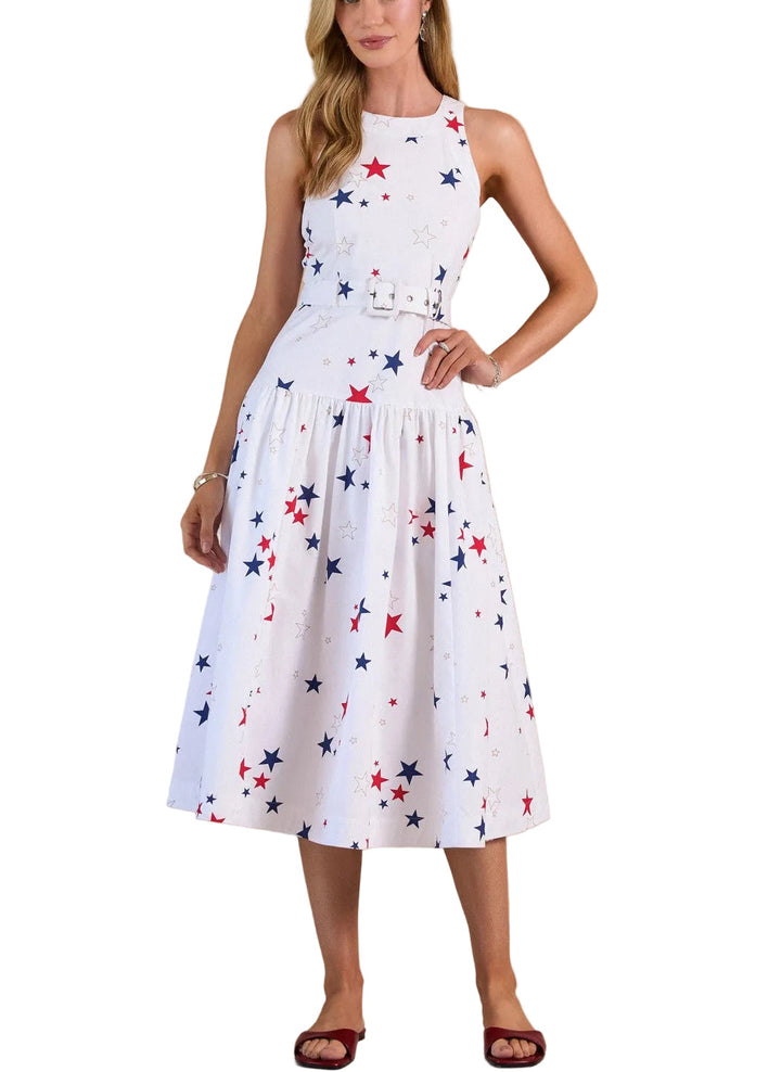 Effortless elegance meets playful style with the Cassie Star Printed Midi Dress. This sleeveless design features an eye-catching star print in vibrant multi-colors, perfect for creating a statement look that transitions seamlessly from day to evening. The midi length offers a flattering silhouette while maintaining comfort and ease of movement. Ideal for warm weather occasions, casual outings, or dressed up with accessories for a more polished appearance.